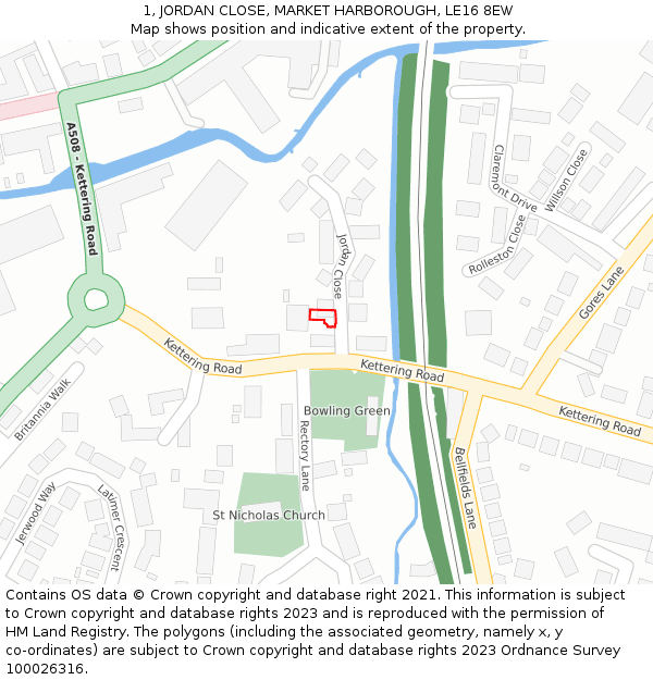1, JORDAN CLOSE, MARKET HARBOROUGH, LE16 8EW: Location map and indicative extent of plot