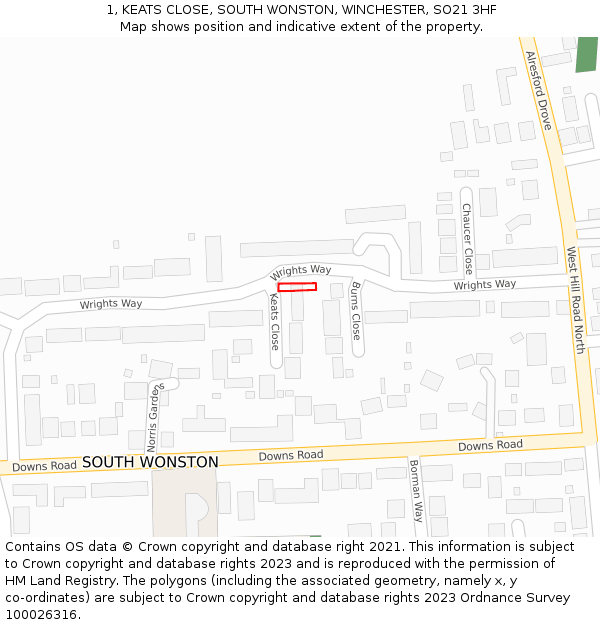 1, KEATS CLOSE, SOUTH WONSTON, WINCHESTER, SO21 3HF: Location map and indicative extent of plot