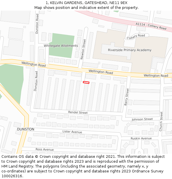 1, KELVIN GARDENS, GATESHEAD, NE11 9EX: Location map and indicative extent of plot