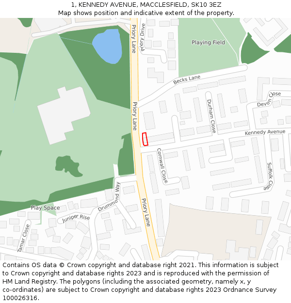 1, KENNEDY AVENUE, MACCLESFIELD, SK10 3EZ: Location map and indicative extent of plot
