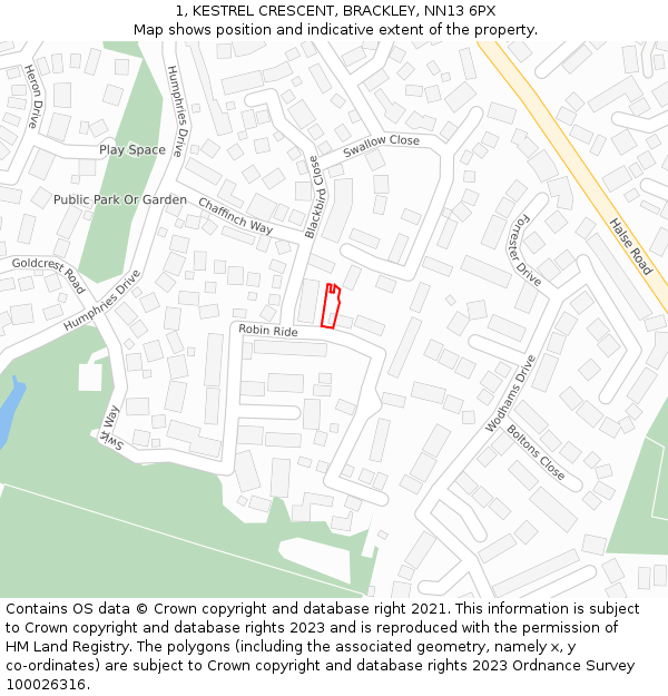 1, KESTREL CRESCENT, BRACKLEY, NN13 6PX: Location map and indicative extent of plot