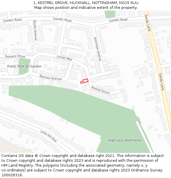 1, KESTREL GROVE, HUCKNALL, NOTTINGHAM, NG15 6UU: Location map and indicative extent of plot