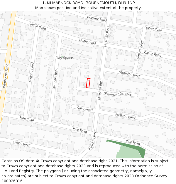 1, KILMARNOCK ROAD, BOURNEMOUTH, BH9 1NP: Location map and indicative extent of plot
