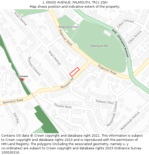 1, KINGS AVENUE, FALMOUTH, TR11 2QH: Location map and indicative extent of plot