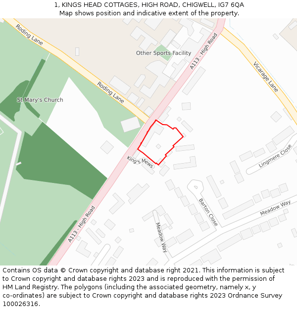 1, KINGS HEAD COTTAGES, HIGH ROAD, CHIGWELL, IG7 6QA: Location map and indicative extent of plot