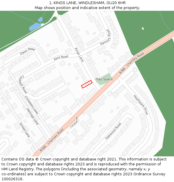 1, KINGS LANE, WINDLESHAM, GU20 6HR: Location map and indicative extent of plot