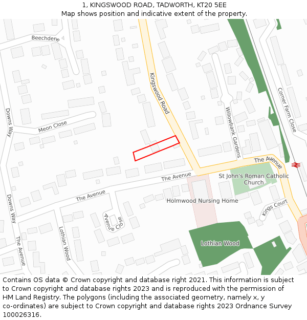 1, KINGSWOOD ROAD, TADWORTH, KT20 5EE: Location map and indicative extent of plot