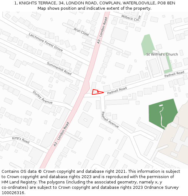 1, KNIGHTS TERRACE, 34, LONDON ROAD, COWPLAIN, WATERLOOVILLE, PO8 8EN: Location map and indicative extent of plot