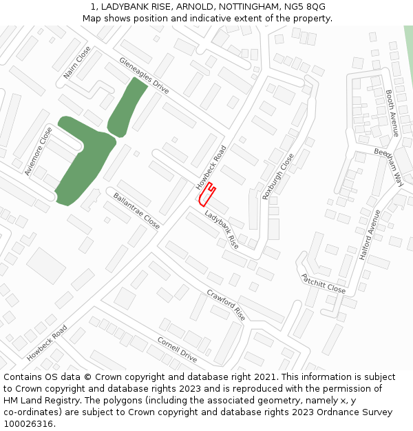 1, LADYBANK RISE, ARNOLD, NOTTINGHAM, NG5 8QG: Location map and indicative extent of plot