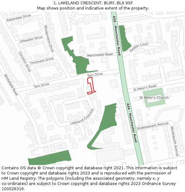 1, LAKELAND CRESCENT, BURY, BL9 9SF: Location map and indicative extent of plot