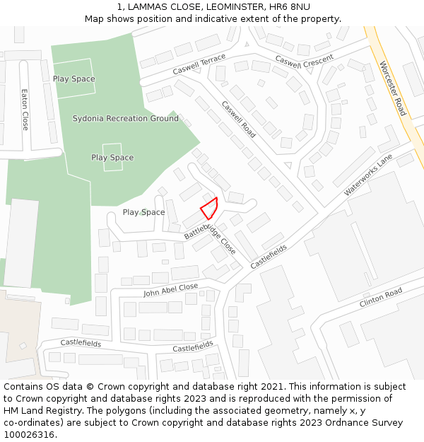 1, LAMMAS CLOSE, LEOMINSTER, HR6 8NU: Location map and indicative extent of plot