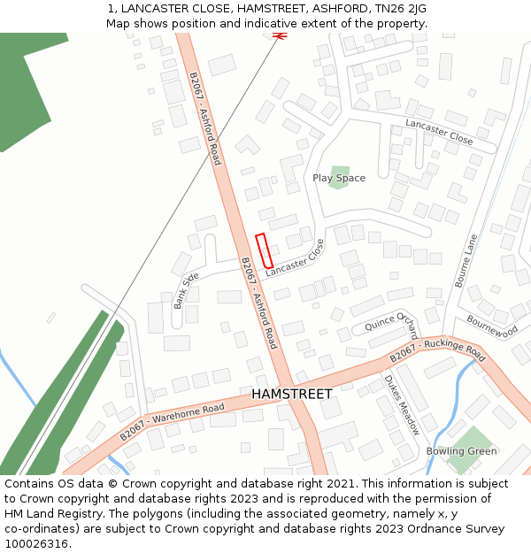 1, LANCASTER CLOSE, HAMSTREET, ASHFORD, TN26 2JG: Location map and indicative extent of plot