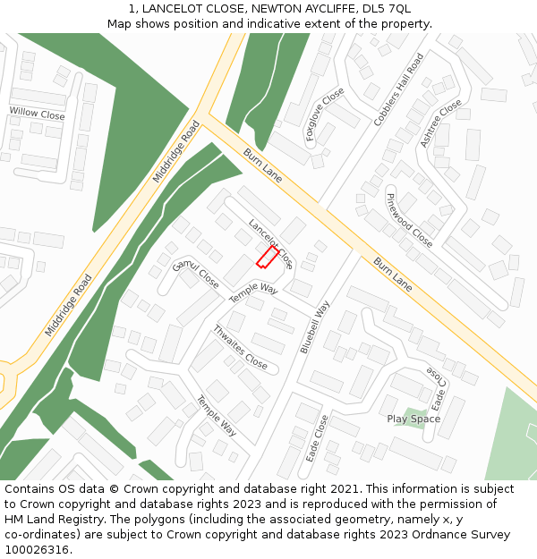 1, LANCELOT CLOSE, NEWTON AYCLIFFE, DL5 7QL: Location map and indicative extent of plot