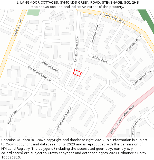 1, LANGMOOR COTTAGES, SYMONDS GREEN ROAD, STEVENAGE, SG1 2HB: Location map and indicative extent of plot