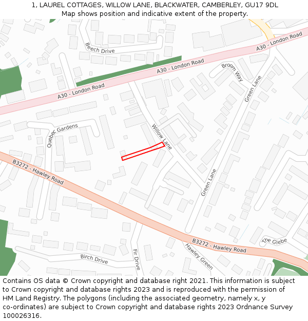1, LAUREL COTTAGES, WILLOW LANE, BLACKWATER, CAMBERLEY, GU17 9DL: Location map and indicative extent of plot
