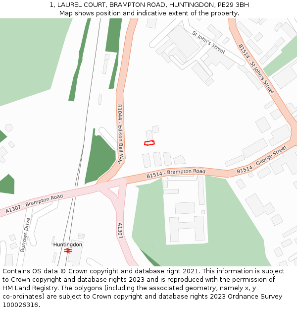 1, LAUREL COURT, BRAMPTON ROAD, HUNTINGDON, PE29 3BH: Location map and indicative extent of plot