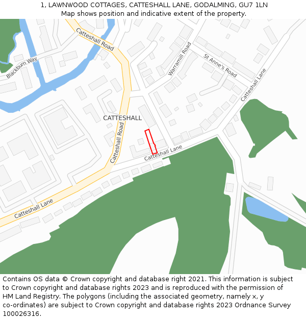1, LAWNWOOD COTTAGES, CATTESHALL LANE, GODALMING, GU7 1LN: Location map and indicative extent of plot