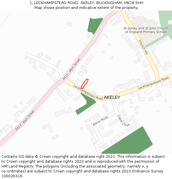 1, LECKHAMPSTEAD ROAD, AKELEY, BUCKINGHAM, MK18 5HH: Location map and indicative extent of plot