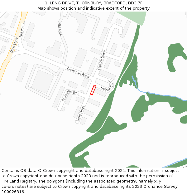 1, LENG DRIVE, THORNBURY, BRADFORD, BD3 7FJ: Location map and indicative extent of plot