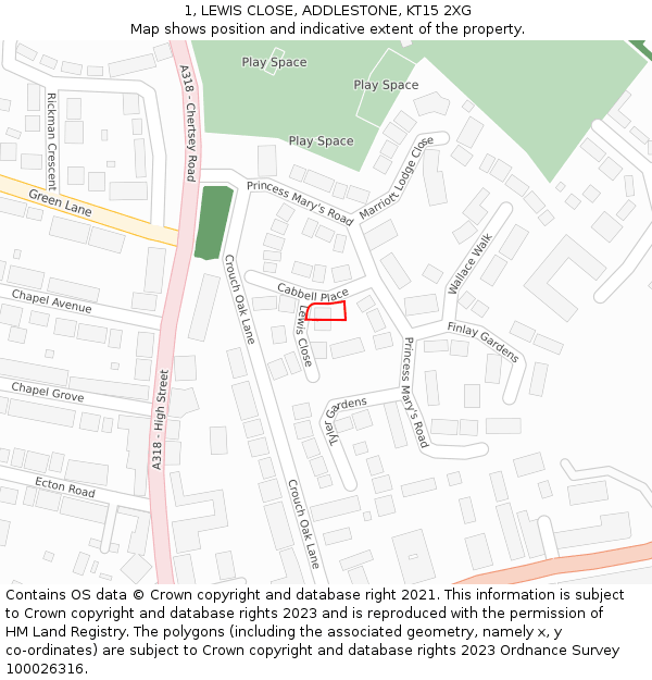 1, LEWIS CLOSE, ADDLESTONE, KT15 2XG: Location map and indicative extent of plot