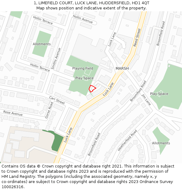 1, LIMEFIELD COURT, LUCK LANE, HUDDERSFIELD, HD1 4QT: Location map and indicative extent of plot