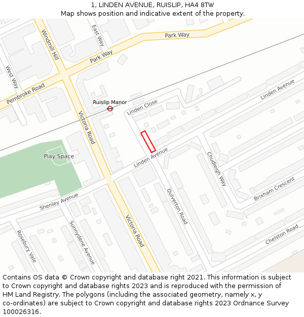 1, LINDEN AVENUE, RUISLIP, HA4 8TW: Location map and indicative extent of plot