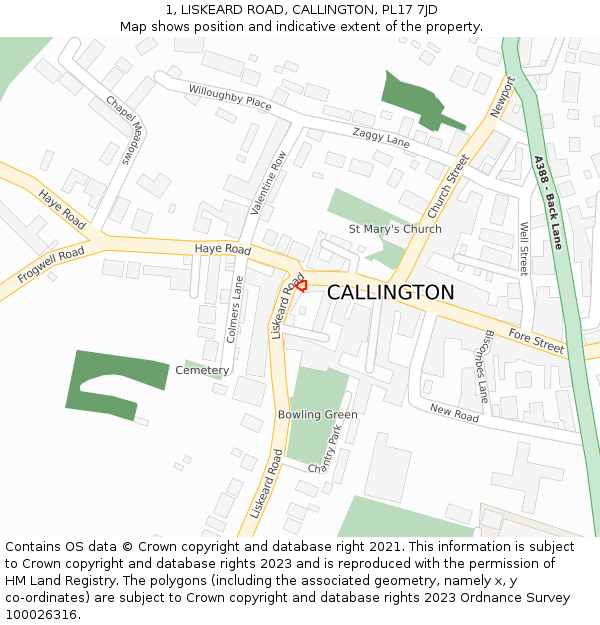 1, LISKEARD ROAD, CALLINGTON, PL17 7JD: Location map and indicative extent of plot