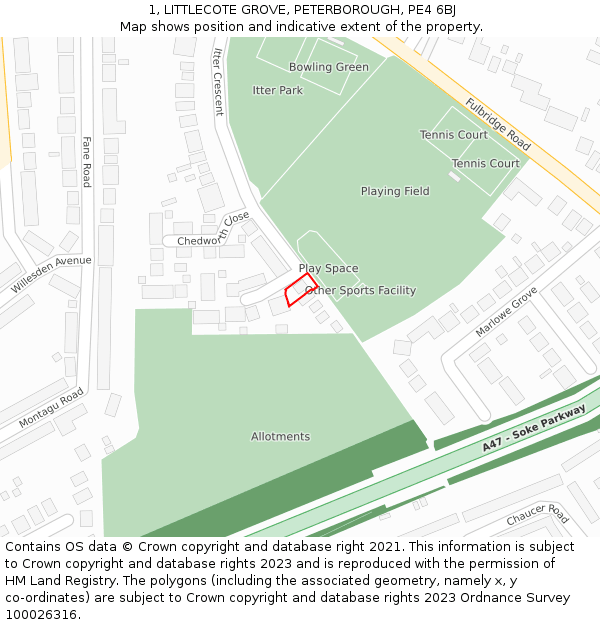 1, LITTLECOTE GROVE, PETERBOROUGH, PE4 6BJ: Location map and indicative extent of plot