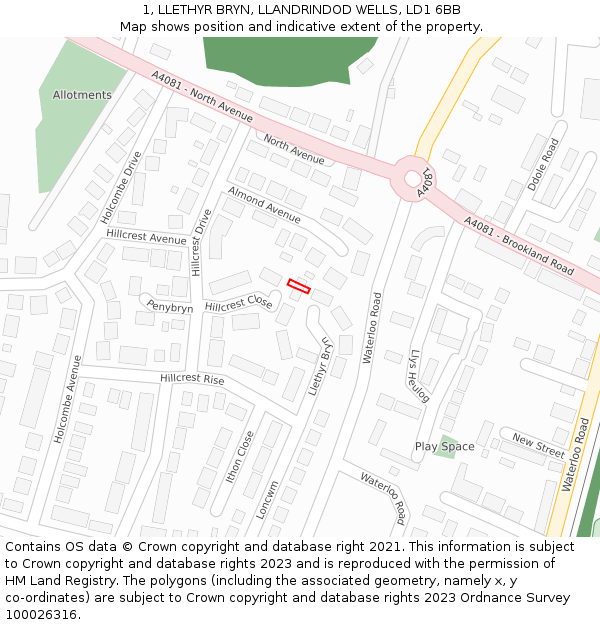 1, LLETHYR BRYN, LLANDRINDOD WELLS, LD1 6BB: Location map and indicative extent of plot