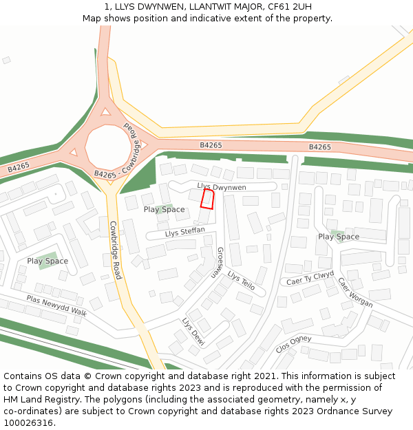 1, LLYS DWYNWEN, LLANTWIT MAJOR, CF61 2UH: Location map and indicative extent of plot