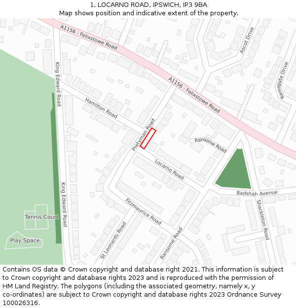 1, LOCARNO ROAD, IPSWICH, IP3 9BA: Location map and indicative extent of plot