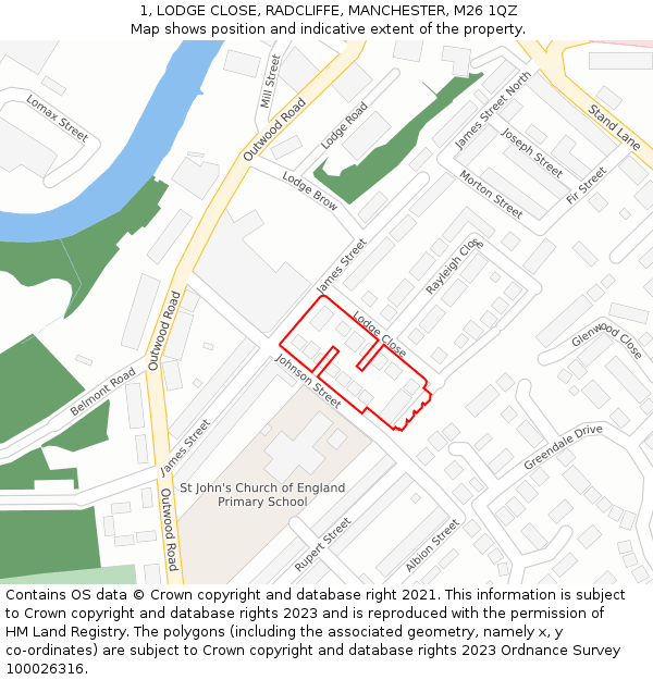 1, LODGE CLOSE, RADCLIFFE, MANCHESTER, M26 1QZ: Location map and indicative extent of plot