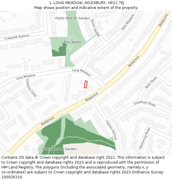 1, LONG MEADOW, AYLESBURY, HP21 7EJ: Location map and indicative extent of plot