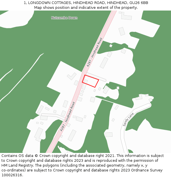 1, LONGDOWN COTTAGES, HINDHEAD ROAD, HINDHEAD, GU26 6BB: Location map and indicative extent of plot