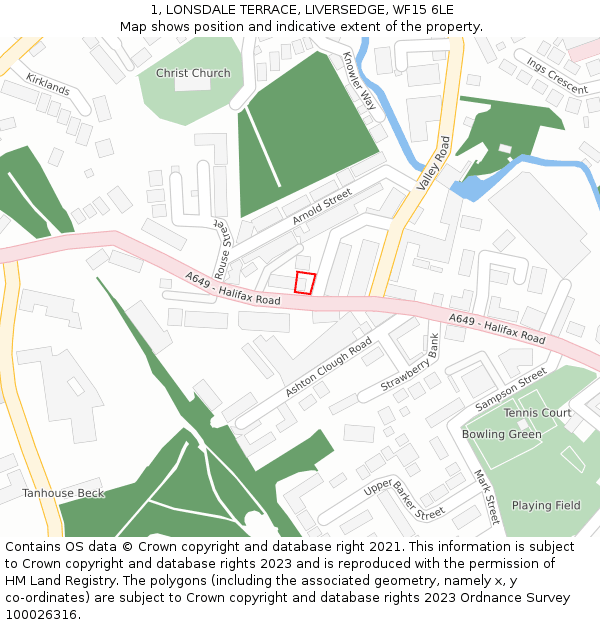1, LONSDALE TERRACE, LIVERSEDGE, WF15 6LE: Location map and indicative extent of plot