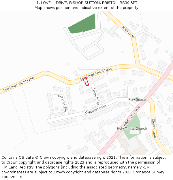 1, LOVELL DRIVE, BISHOP SUTTON, BRISTOL, BS39 5PT: Location map and indicative extent of plot