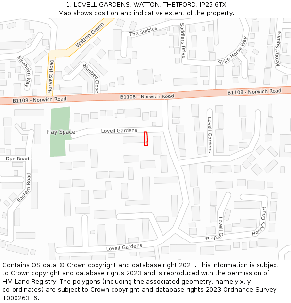 1, LOVELL GARDENS, WATTON, THETFORD, IP25 6TX: Location map and indicative extent of plot