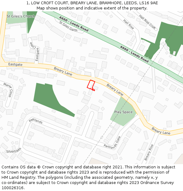 1, LOW CROFT COURT, BREARY LANE, BRAMHOPE, LEEDS, LS16 9AE: Location map and indicative extent of plot