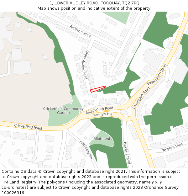 1, LOWER AUDLEY ROAD, TORQUAY, TQ2 7PQ: Location map and indicative extent of plot