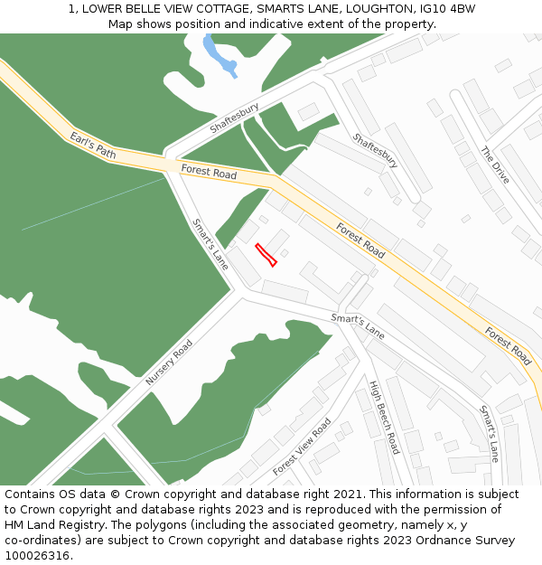 1, LOWER BELLE VIEW COTTAGE, SMARTS LANE, LOUGHTON, IG10 4BW: Location map and indicative extent of plot
