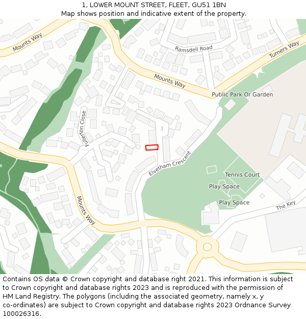 1, LOWER MOUNT STREET, FLEET, GU51 1BN: Location map and indicative extent of plot