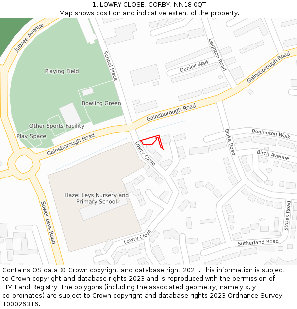 1, LOWRY CLOSE, CORBY, NN18 0QT: Location map and indicative extent of plot