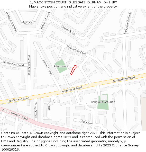 1, MACKINTOSH COURT, GILESGATE, DURHAM, DH1 1PY: Location map and indicative extent of plot