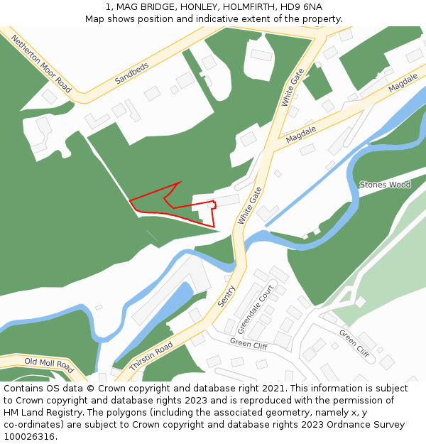 1, MAG BRIDGE, HONLEY, HOLMFIRTH, HD9 6NA: Location map and indicative extent of plot