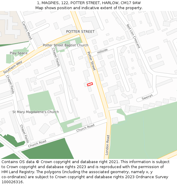 1, MAGPIES, 122, POTTER STREET, HARLOW, CM17 9AW: Location map and indicative extent of plot