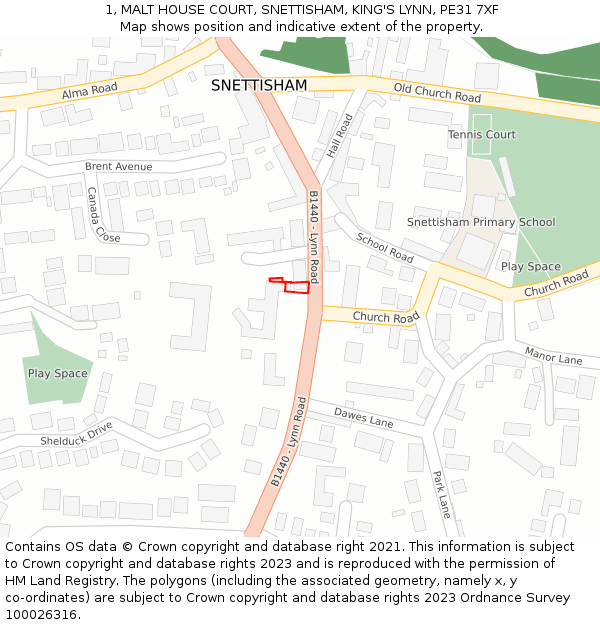 1, MALT HOUSE COURT, SNETTISHAM, KING'S LYNN, PE31 7XF: Location map and indicative extent of plot
