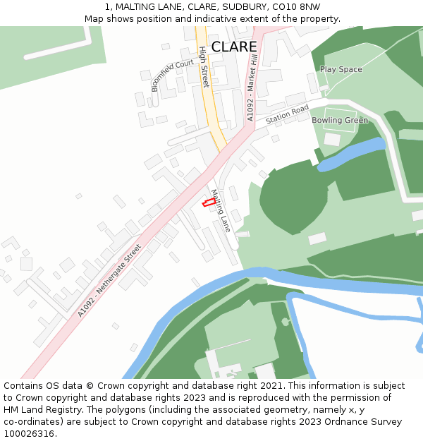 1, MALTING LANE, CLARE, SUDBURY, CO10 8NW: Location map and indicative extent of plot