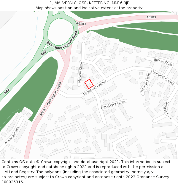 1, MALVERN CLOSE, KETTERING, NN16 9JP: Location map and indicative extent of plot