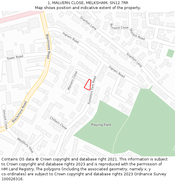1, MALVERN CLOSE, MELKSHAM, SN12 7RR: Location map and indicative extent of plot