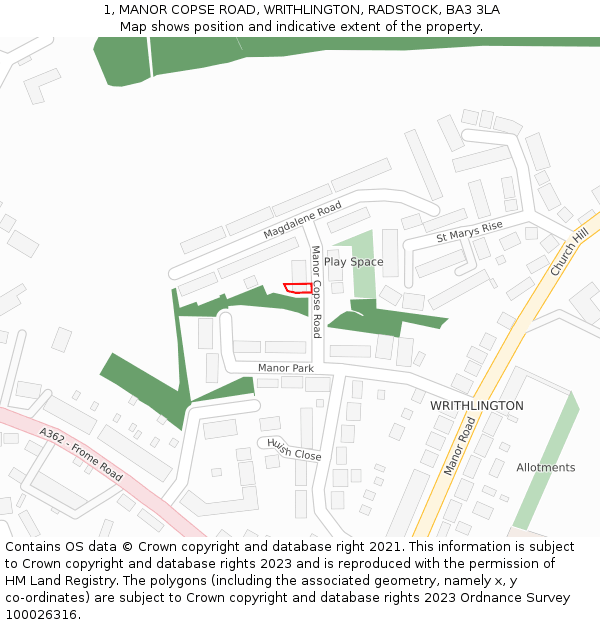 1, MANOR COPSE ROAD, WRITHLINGTON, RADSTOCK, BA3 3LA: Location map and indicative extent of plot